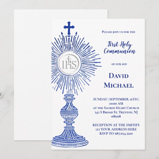 blue monstrance design | First Holy Communion Einladung (Vorne/Hinten)