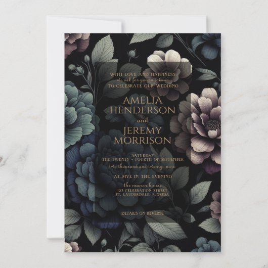 Blue Moody Floral mit QR Code & Details Einladung (Vorderseite)