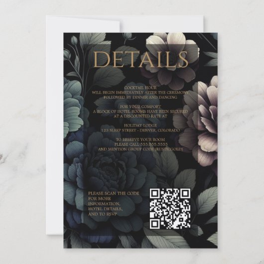 Blue Moody Floral mit QR Code & Details Einladung (Rückseite)