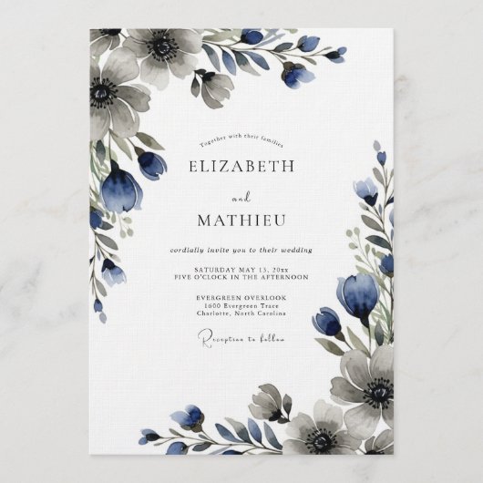 Blue Moody Floral Wedding Einladung (Vorderseite)