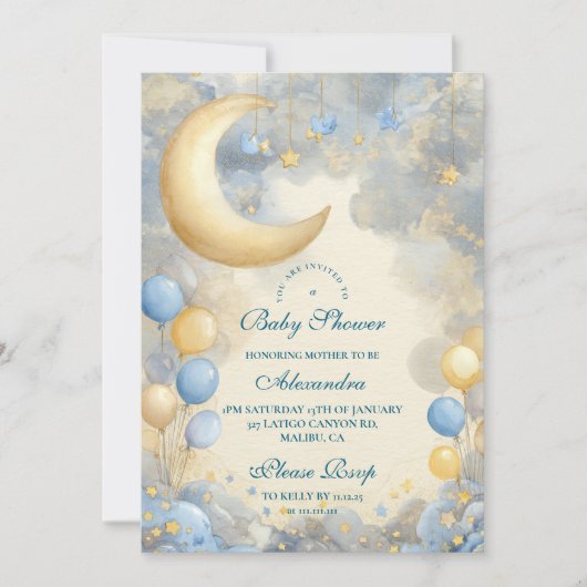 Blue Moon and Stars Baby Dusche Einladung (Vorderseite)