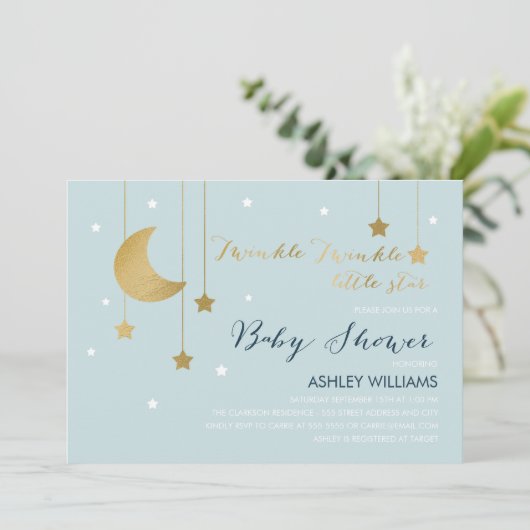 Blue Moon and Stars Kinderdusche Einladung (Stehend Vorderseite)