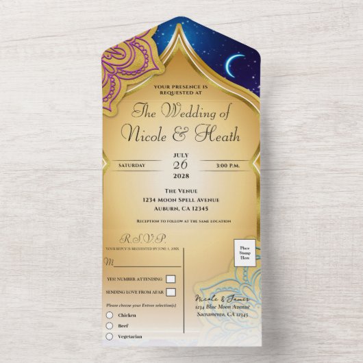 Blue Moon Arabian Nights Glam Gold Lila Hochzeit All In One Einladung (Innen Boden)