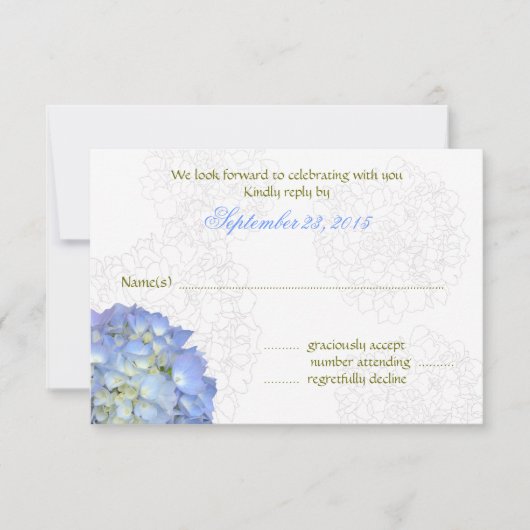 Blue Moon Art Hydrangea Hochzeitstorte RSVP Karte (Vorderseite)