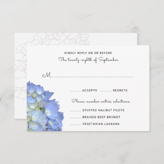 Blue Moon Hydrangea Wedding RSVP Menü Cards (Vorne/Hinten)