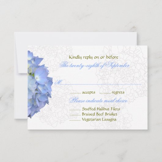 Blue Moon Hydrangea Wedding RSVP Menü Cards (Vorderseite)