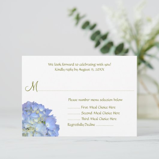 Blue Moon Menu Selection Wedding Repcard RSVP Karte (Stehend Vorderseite)