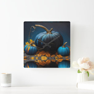 Blue Moon Pumpkins Herbstleaves Quadratische Wanduhr