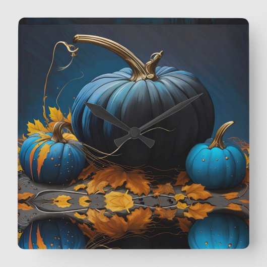 Blue Moon Pumpkins Herbstleaves Quadratische Wanduhr (Vorderseite)