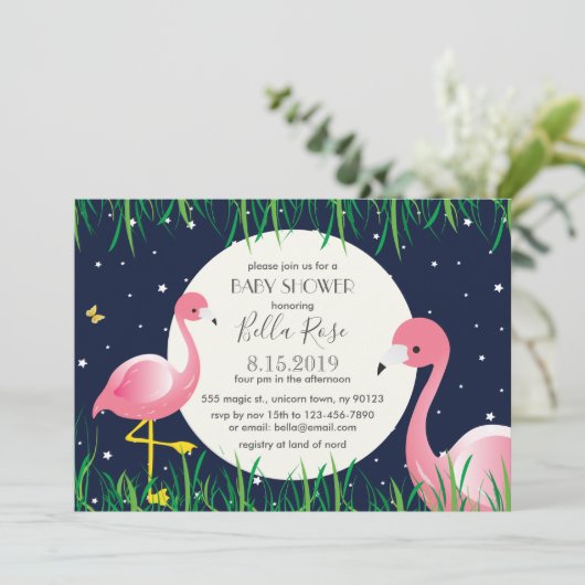 Blue Moon Star Flamingos Baby Duschkarte Mitternac Einladung (Stehend Vorderseite)