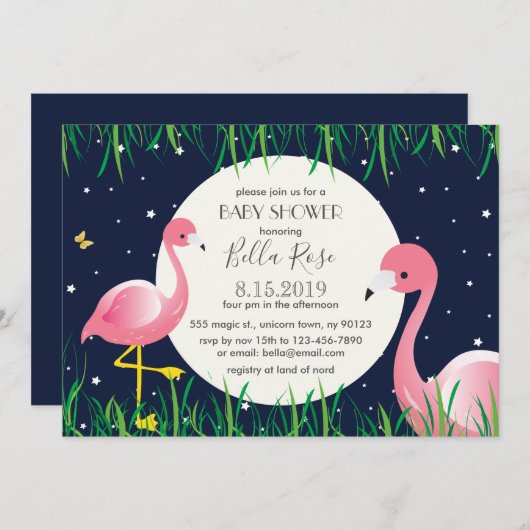 Blue Moon Star Flamingos Baby Duschkarte Mitternac Einladung (Vorne/Hinten)