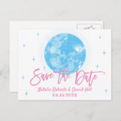 Blue Moon & Stars Celestial Wedding Save the Date Ankündigungspostkarte (Vorne/Hinten)