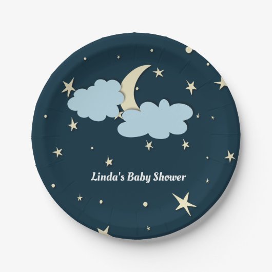Blue Moon & Stars Mitternacht Elegante Babydusche Pappteller (Vorderseite)