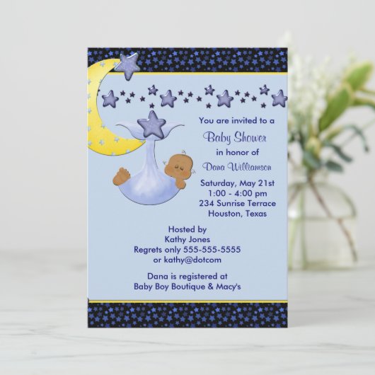 Blue Moon Yellow Stars Ethnic Boy Dusche Einladung (Stehend Vorderseite)