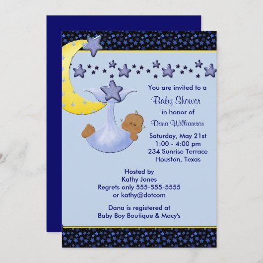 Blue Moon Yellow Stars Ethnic Boy Dusche Einladung (Vorne/Hinten)