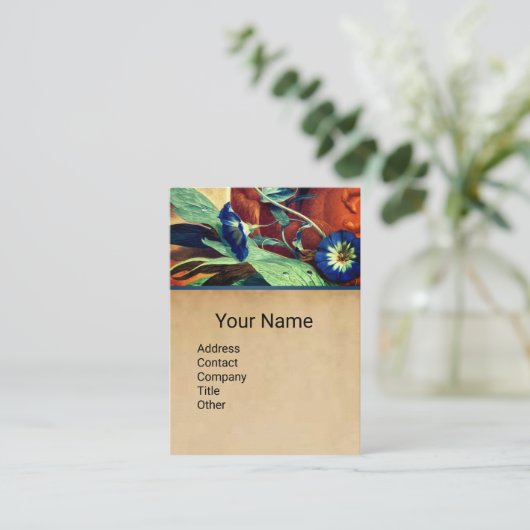 BLUE MORNING GLORIES FLORAL PARCHMENT MONOGRAM BU VISITENKARTE (Stehend Vorderseite)