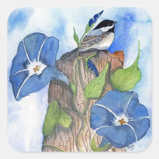 Blue Morning Glories und Chickadee Quadratischer Aufkleber