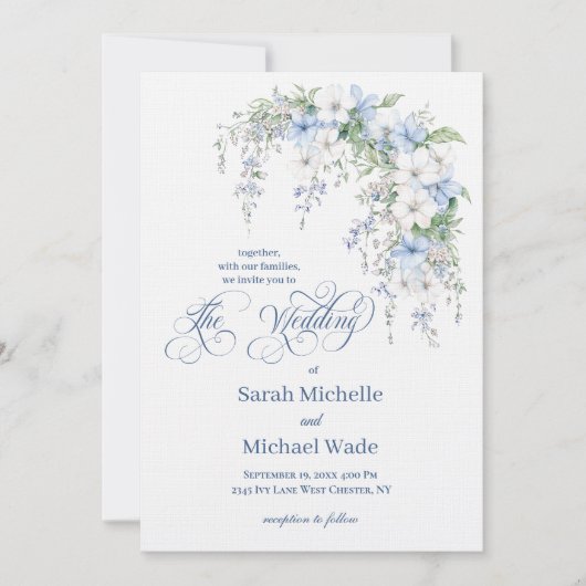 Blue Morning Glory Calligraphy Wedding Invitation Einladung (Vorderseite)
