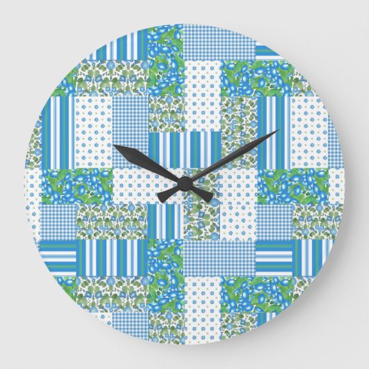 Blue Morning Glory Imitate Patchwork Wall Clock Große Wanduhr (Vorderseite)