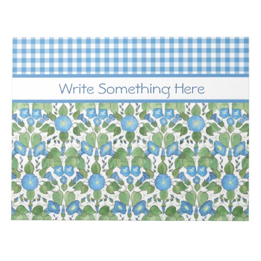Blue Morning Glory und Karo Gingham Notepad Notizblock (Vorderseite)