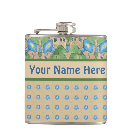 Blue Morning Glory und Polka Dots Hip Flask Flachmann (Vorderseite)