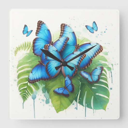 Blue Morpho Butterflies Gathering REF256 - Waterco Quadratische Wanduhr (Vorderseite)
