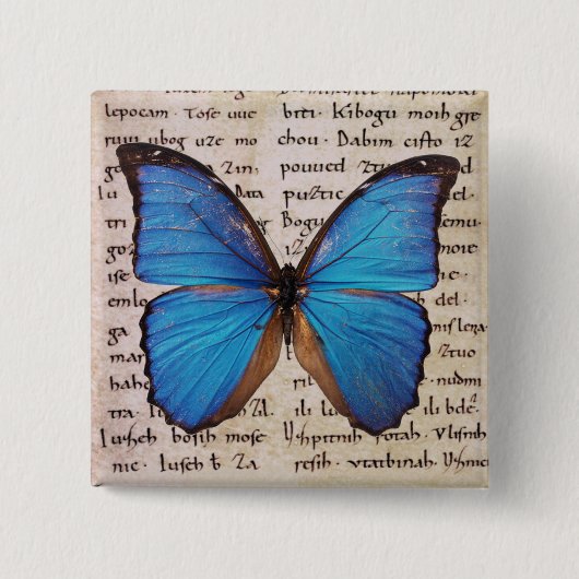 Blue Morpho Butterfly auf der Buchseite Button (Vorderseite)