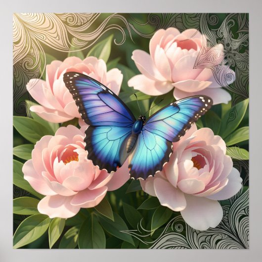 Blue Morpho Butterfly Floral Botanical Art  Poste Poster (Vorne)