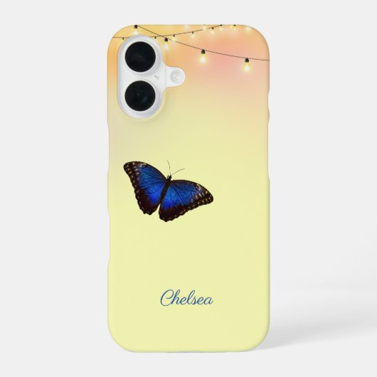 Blue Morpho Butterfly Wings Café Lights Custom iPhone 16 Hülle (Rückseite)
