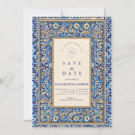 Blue Mosaic Islamic Wedding Save The Date (Vorderseite)