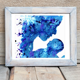 Blue Mother & Child Watercolor Abstrakte Kunst Poster