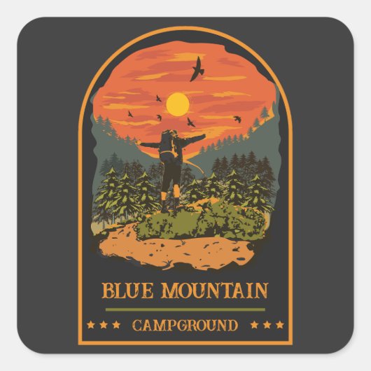Blue Mountain Campground Camping Retro Quadratischer Aufkleber (Vorderseite)