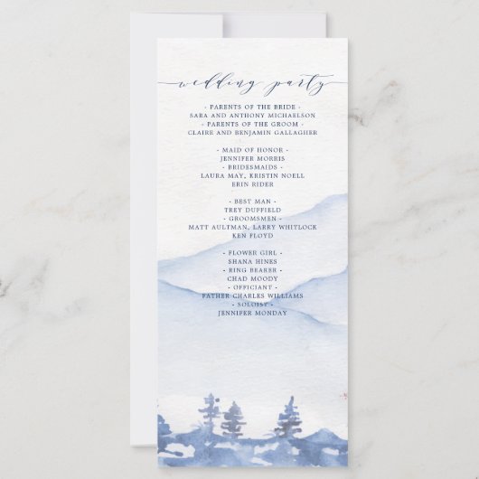 Blue Mountain Rustic Watercolor Hochzeitsprogramm (Rückseite)