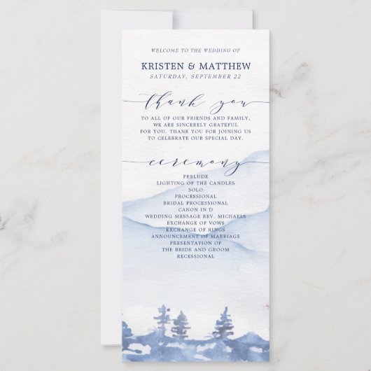 Blue Mountain Rustic Watercolor Hochzeitsprogramm (Vorderseite)