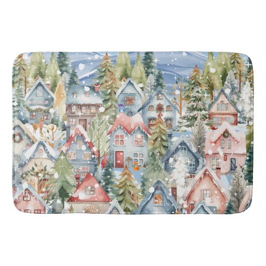 Blue Mountain Snowy Winter Village Badematte (Vorderseite)