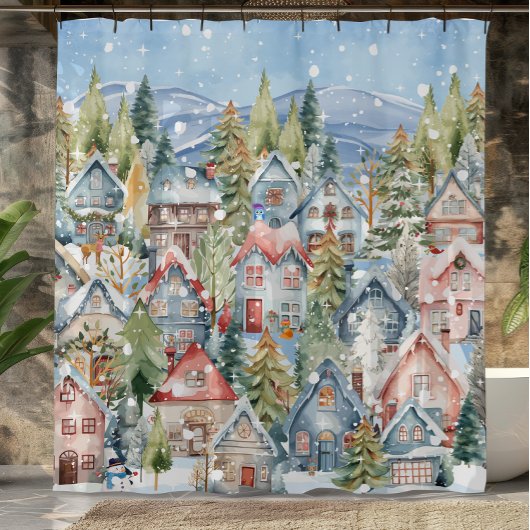 Blue Mountain Snowy Winter Village Duschvorhang