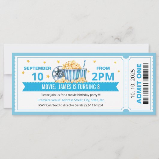 Blue Movie ticket birthday invitation Einladung (Vorderseite)