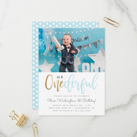 Blue Mr Onederful Script Foto 1. Geburtstag Einladungspostkarte (Vorderseite/Rückseite Beispiel)