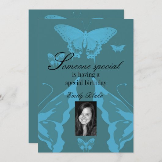 Blue Multi-Butterfly Foto Geburtstag Einladung (Vorne/Hinten)