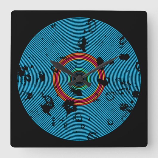 Blue Multicolor Vinyl Disk Texture Muster Quadratische Wanduhr (Vorderseite)