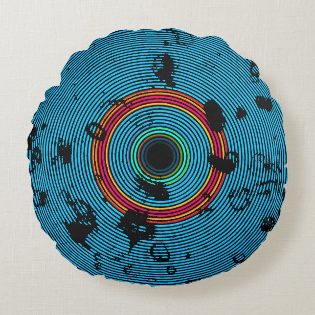 Blue Multicolor Vinyl Disk Texture Muster Rundes Kissen (Vorderseite)