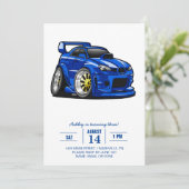 Blue muscle car speed cartoon - Choose back color Einladung (Stehend Vorderseite)