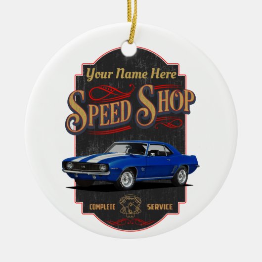 Blue Muscle Custom Speed Shop Keramik Ornament (Vorne)