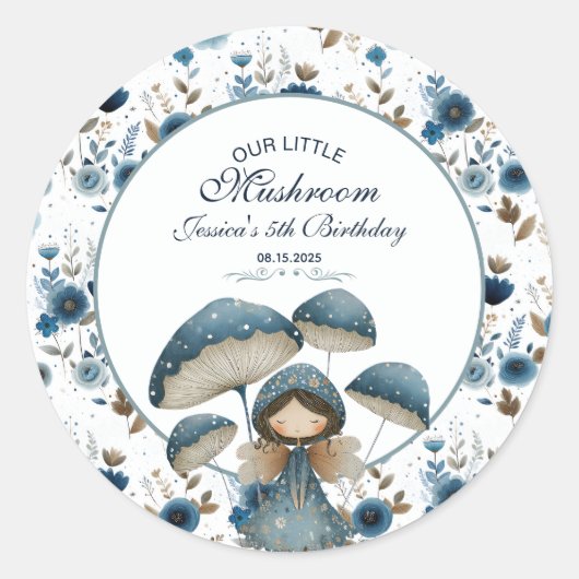 Blue Mushroom Fairy Verzaubertes Kindergeburtstag Runder Aufkleber (Vorderseite)