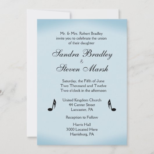 Blue Music Theme Wedding Einladung (Vorderseite)