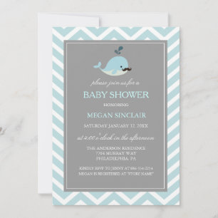 Blue Mustache Whale Boy Baby Shower Einladung