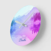 Blue N Pink Mountains Forest Landschaft Runde Wanduhr (Winkel)