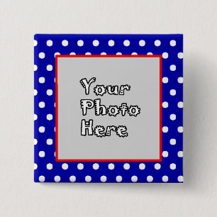 Blue n White Polka Dots Red Trim Foto Frame Button