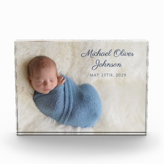 Blue Name Birth Date Script Baby Foto Block (Vorderseite)