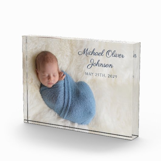 Blue Name Birth Date Script Baby Foto Block (Rechts)